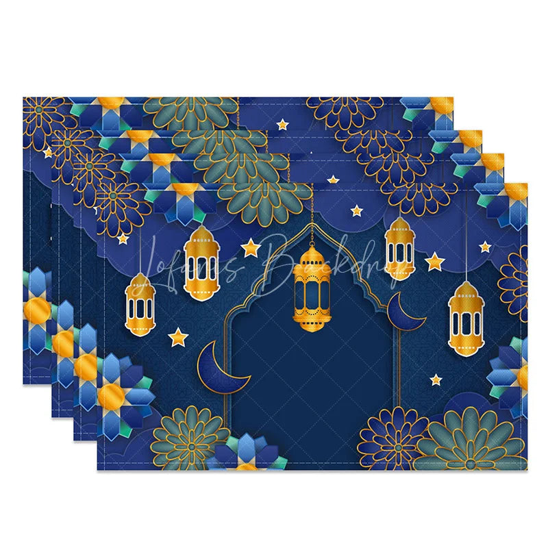 Lofaris Blue Paper Cut Floral Ramadan Set of 4 Placemats 3D Style Golden Lantern and Stars Eid Mubarak Table Mats