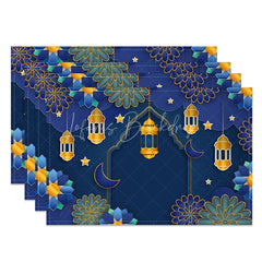 Lofaris Blue Paper Cut Floral Ramadan Set of 4 Placemats 3D Style Golden Lantern and Stars Eid Mubarak Table Mats