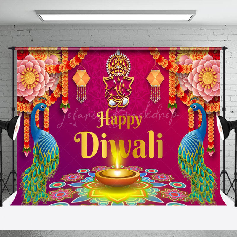 Lofaris Blue Peacock Green Leaves Bunga Malai Diwali Backdrop