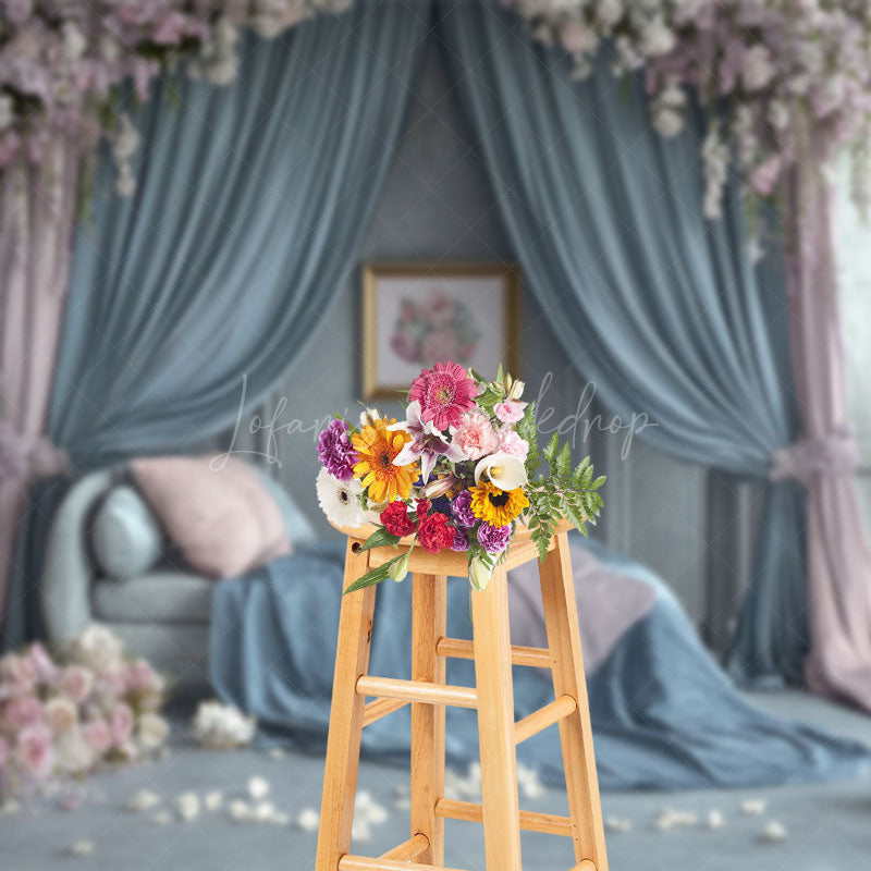 Lofaris Blue Pink Curtain Sofa Floral Wedding Photo Backdrop