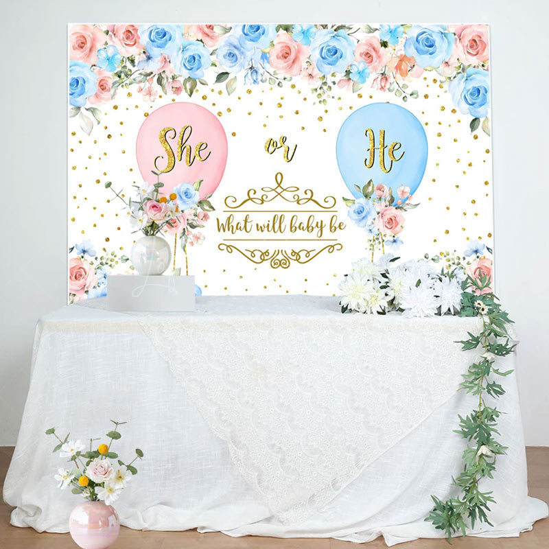 Lofaris Blue Pink Floral Balloons Gender Reveal Backdrop
