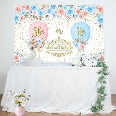 Lofaris Blue Pink Floral Balloons Gender Reveal Backdrop