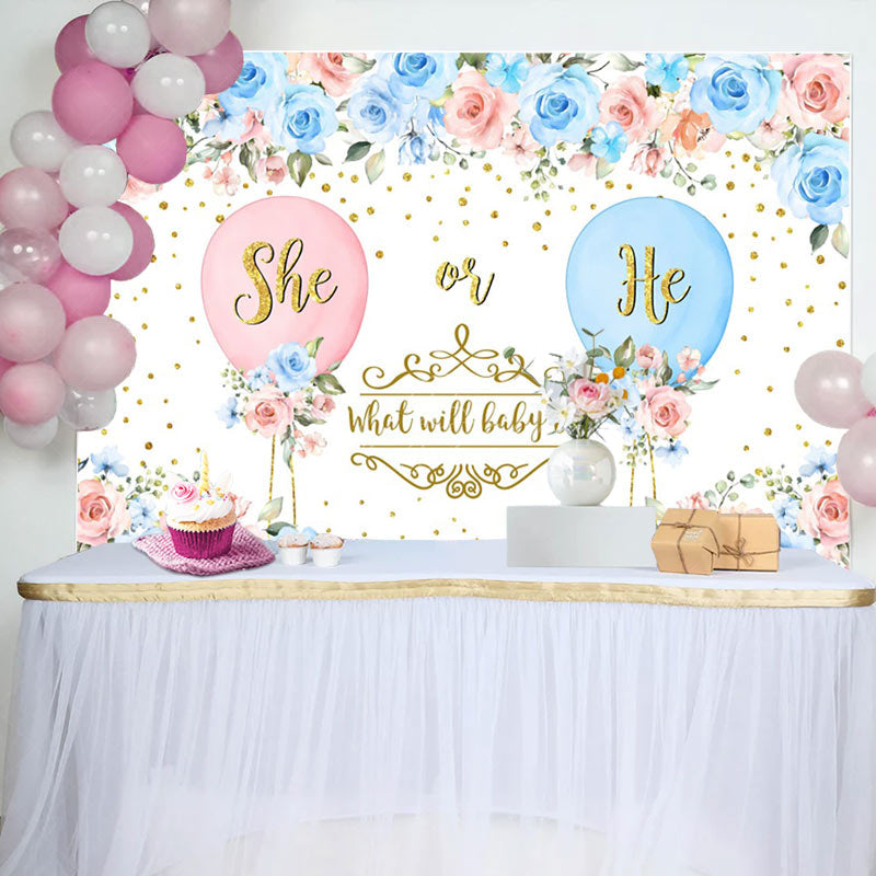 Lofaris Blue Pink Floral Balloons Gender Reveal Backdrop