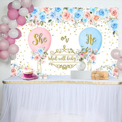 Lofaris Blue Pink Floral Balloons Gender Reveal Backdrop