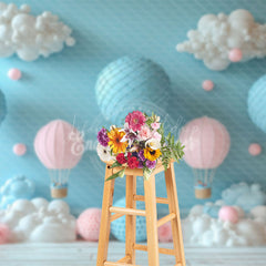 Lofaris Blue Pink Hot Air Balloon Birthday Cake Smash Backdrop
