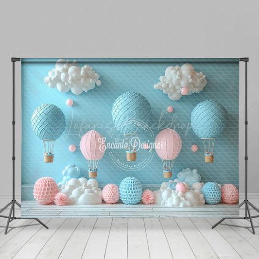 Lofaris Blue Pink Hot Air Balloon Birthday Cake Smash Backdrop