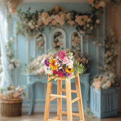 Lofaris Blue Pink Romantic Floral Fancy Room Wedding Backdrop