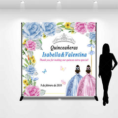 Lofaris Blue Pink Rose Custom Name Quinceaneras Backdrop