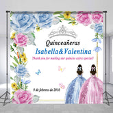 Lofaris Blue Pink Rose Custom Name Quinceaneras Backdrop