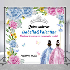 Lofaris Blue Pink Rose Custom Name Quinceaneras Backdrop