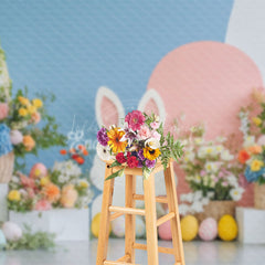 Lofaris Blue Pink Wall Bunny Floral Eggs Easter Backdrop