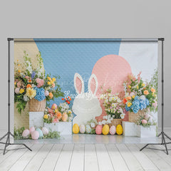 Lofaris Blue Pink Wall Bunny Floral Eggs Easter Backdrop