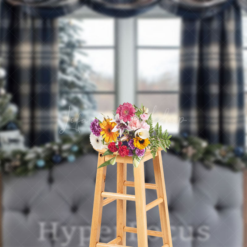 Lofaris Blue Plaid Curtain Bed Tree Christmas Vibe Backdrop