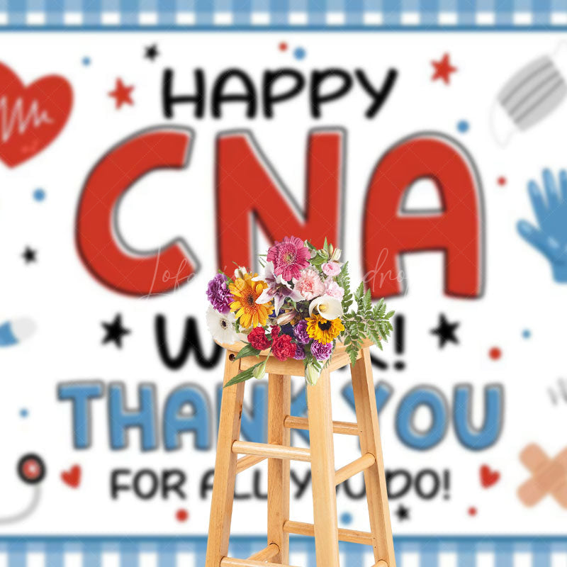 Lofaris Blue Plaid Happy CNA Week Thank You Party Backdrop