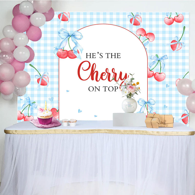 Lofaris Blue Plaid Red Cherry On Top Baby Shower Backdrop