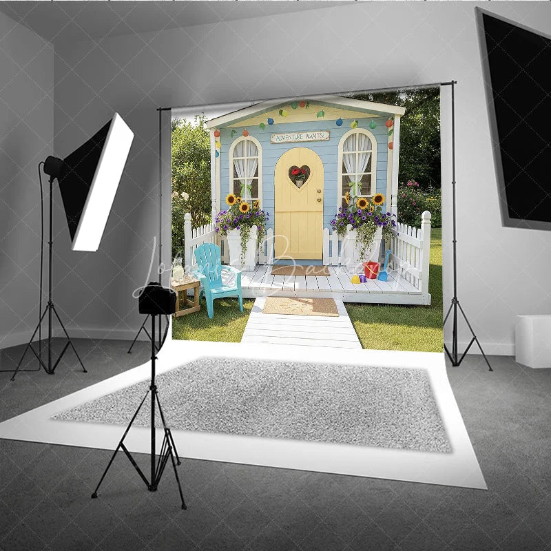 Lofaris Blue Playhouse Photography Backdrop with Yellow Heart Door Sunflowers and Adventure Awaits Sign for Kids Party