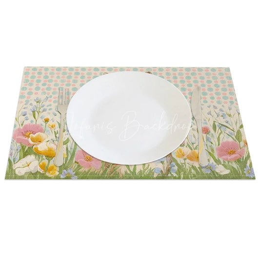 Lofaris Blue Polka Dot Easter Bunny Set of 4 Placemats Spring Wildflower Rabbit Table Mats for Party