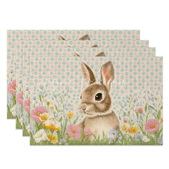 Lofaris Blue Polka Dot Easter Bunny Set of 4 Placemats Spring Wildflower Rabbit Table Mats for Party