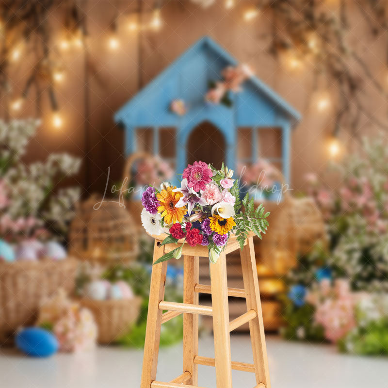 Lofaris Blue Rabbit Hutch Floral Egg Lighted Easter Backdrop