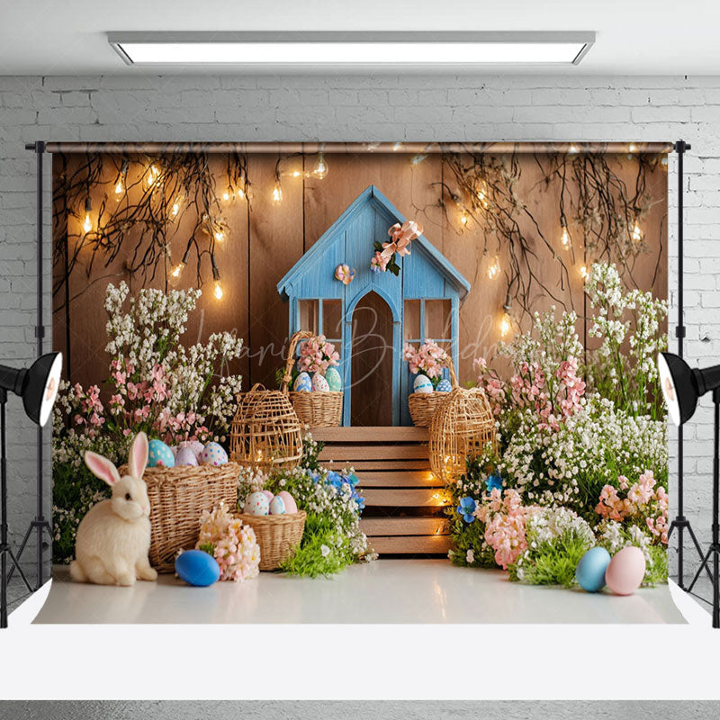 Lofaris Blue Rabbit Hutch Floral Egg Lighted Easter Backdrop