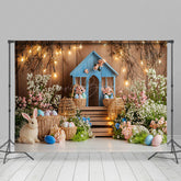 Lofaris Blue Rabbit Hutch Floral Egg Lighted Easter Backdrop