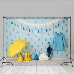 Lofaris Blue Raindrop and Raincoat Photo Backdrop April Showers Baby Shower Photography Background