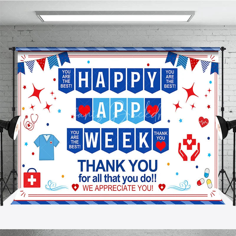 Lofaris Blue Red White Healthcare Appreciation Week Holiday Backdrop featuring Medical Symbols and Thank You Messages