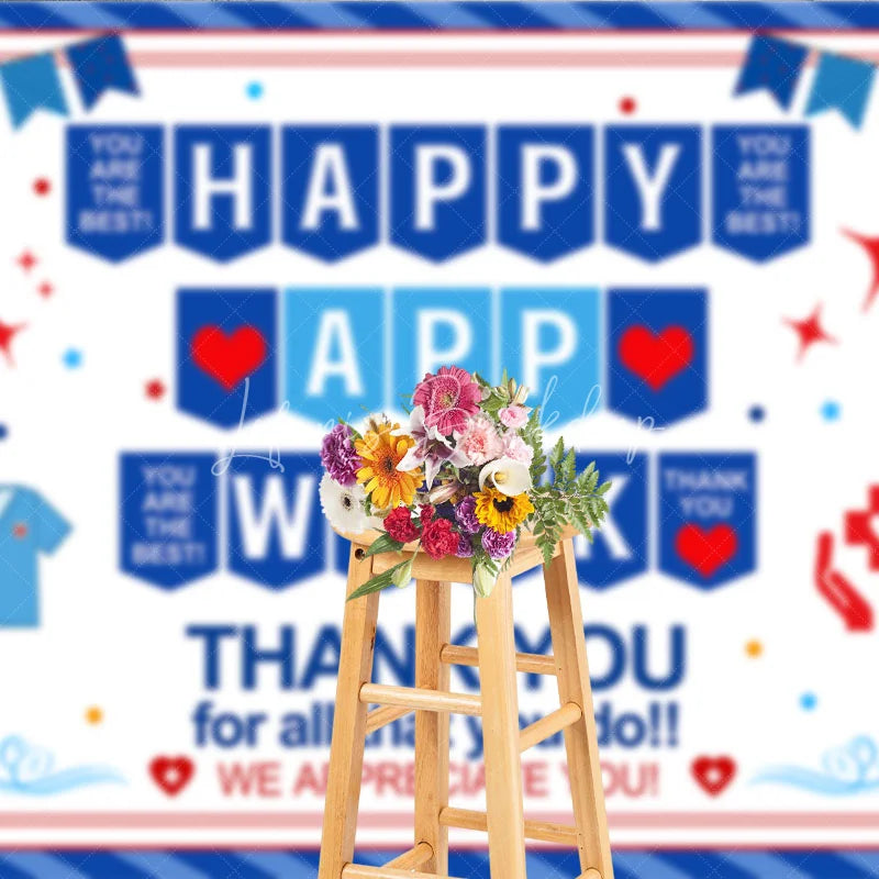 Lofaris Blue Red White Healthcare Appreciation Week Holiday Backdrop featuring Medical Symbols and Thank You Messages