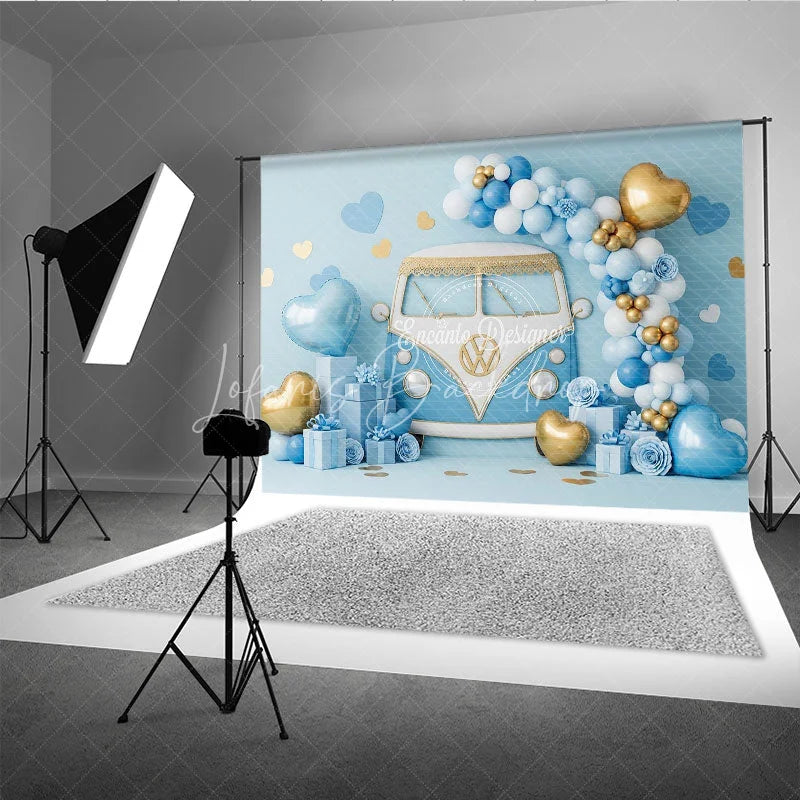 Lofaris Blue Retro Bus Valentine Day Backdrop Vintage Van Gold Balloons Gift Box Background Boy Party Photography Prop