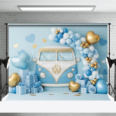Lofaris Blue Retro Bus Valentine Day Backdrop Vintage Van Gold Balloons Gift Box Background Boy Party Photography Prop