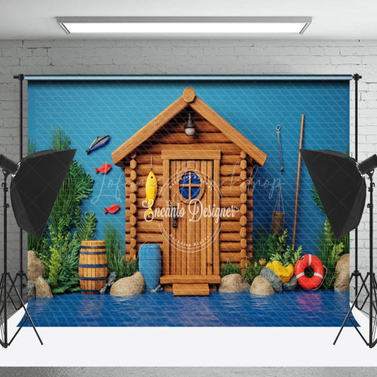 Lofaris Blue River Wooden House Fishing Cake Smash Backdrop