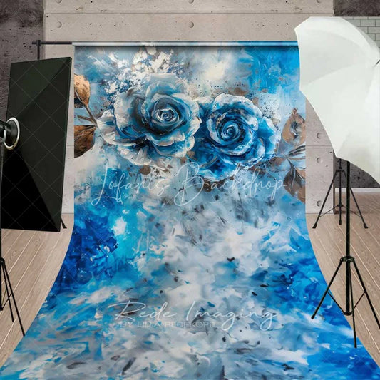 Lofaris Blue Rose Fine Art Sweep Photo Backdrop Abstract Oil Painting Floral Background Silver Gold Leaf Floor Prop