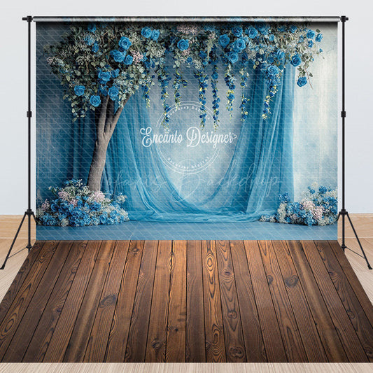 Lofaris Blue Rose Tree Curtain Wooden Floor Combo Set Backdrop