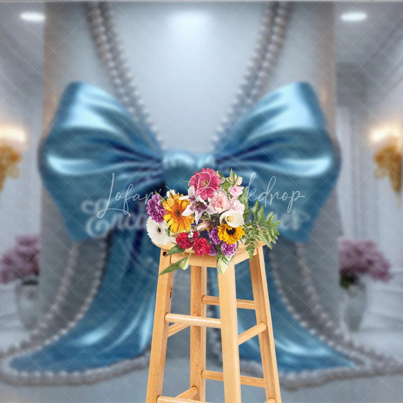 Lofaris Blue Satin Bow and Pearl Strings Photography Backdrop Elegant White Wall for Baby Shower Birthday Party