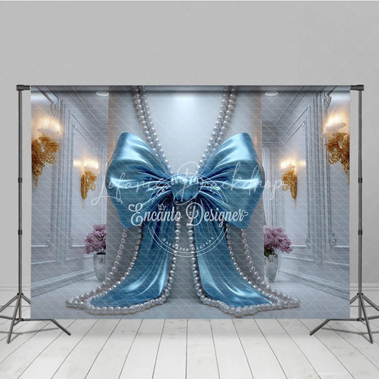 Lofaris Blue Satin Bow and Pearl Strings Photography Backdrop Elegant White Wall for Baby Shower Birthday Party