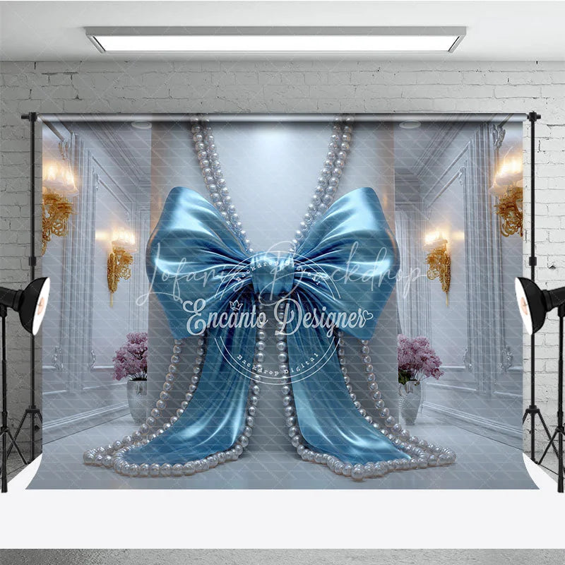 Lofaris Blue Satin Bow and Pearl Strings Photography Backdrop Elegant White Wall for Baby Shower Birthday Party