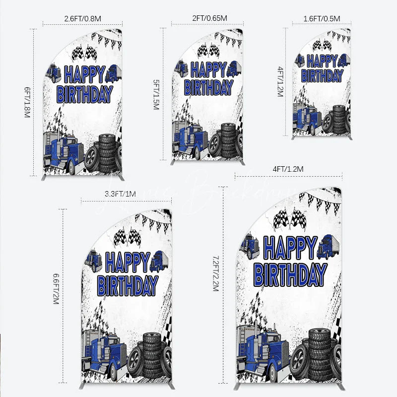 Lofaris Blue Semi Truck Happy Birthday Half Moon Arch Backdrop Checkered Flag Transportation