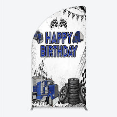 Lofaris Blue Semi Truck Happy Birthday Half Moon Arch Backdrop Checkered Flag Transportation