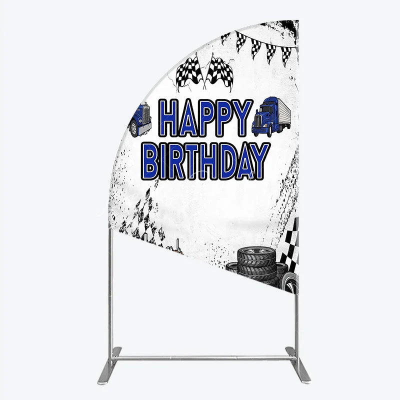 Lofaris Blue Semi Truck Happy Birthday Half Moon Arch Backdrop Checkered Flag Transportation