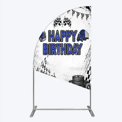Lofaris Blue Semi Truck Happy Birthday Half Moon Arch Backdrop Checkered Flag Transportation