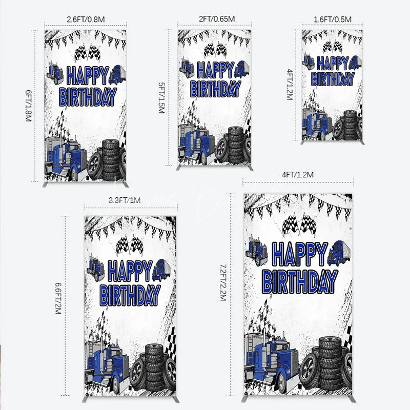 Lofaris Blue Semi Truck Happy Birthday Rectangle Backdrop Checkered Flag Transportation