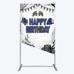 Lofaris Blue Semi Truck Happy Birthday Rectangle Backdrop Checkered Flag Transportation