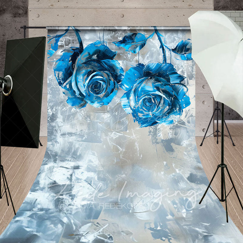 Lofaris Blue Silver Abstract Floral Fine Art Sweep Backdrop