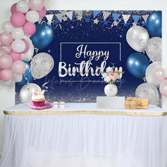 Lofaris Blue Silver Balloons Glitter Happy Birthday Backdrop