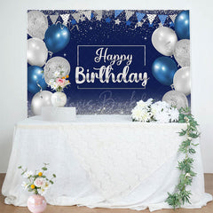 Lofaris Blue Silver Balloons Glitter Happy Birthday Backdrop