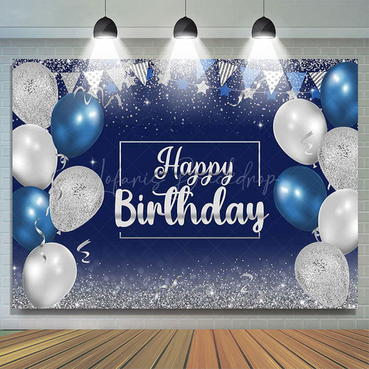 Lofaris Blue Silver Balloons Glitter Happy Birthday Backdrop