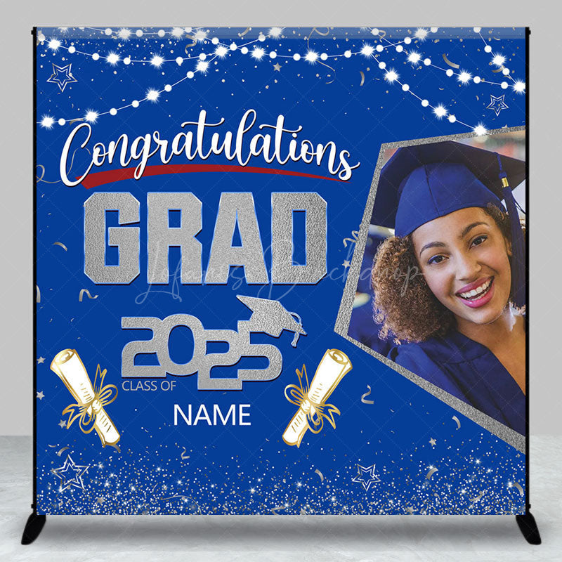 Lofaris Blue Silver Congrats Grad Custom Photo Name Backdrop