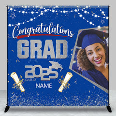 Lofaris Blue Silver Congrats Grad Custom Photo Name Backdrop