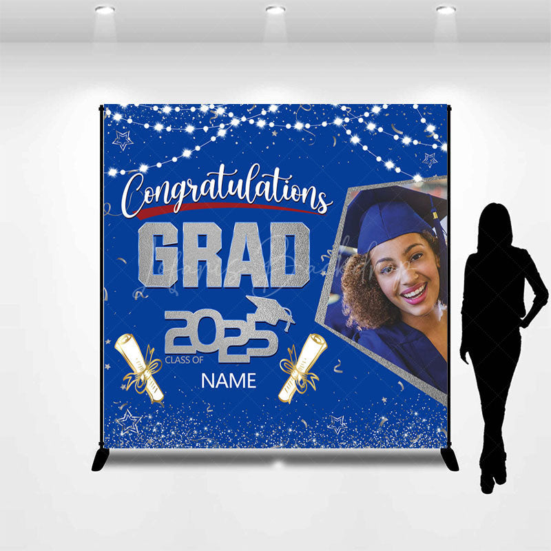 Lofaris Blue Silver Congrats Grad Custom Photo Name Backdrop