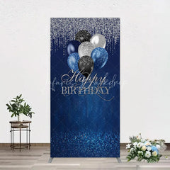 Lofaris Blue Silver Happy Birthday Rectangle Backdrop Balloon Glitter Rain Party Decor
